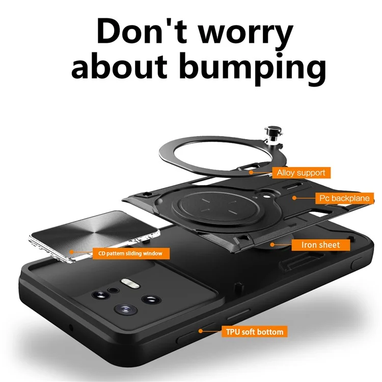 Ударопрочный чехол с подставкой и крышкой для камеры для Xiaomi 13 - черный