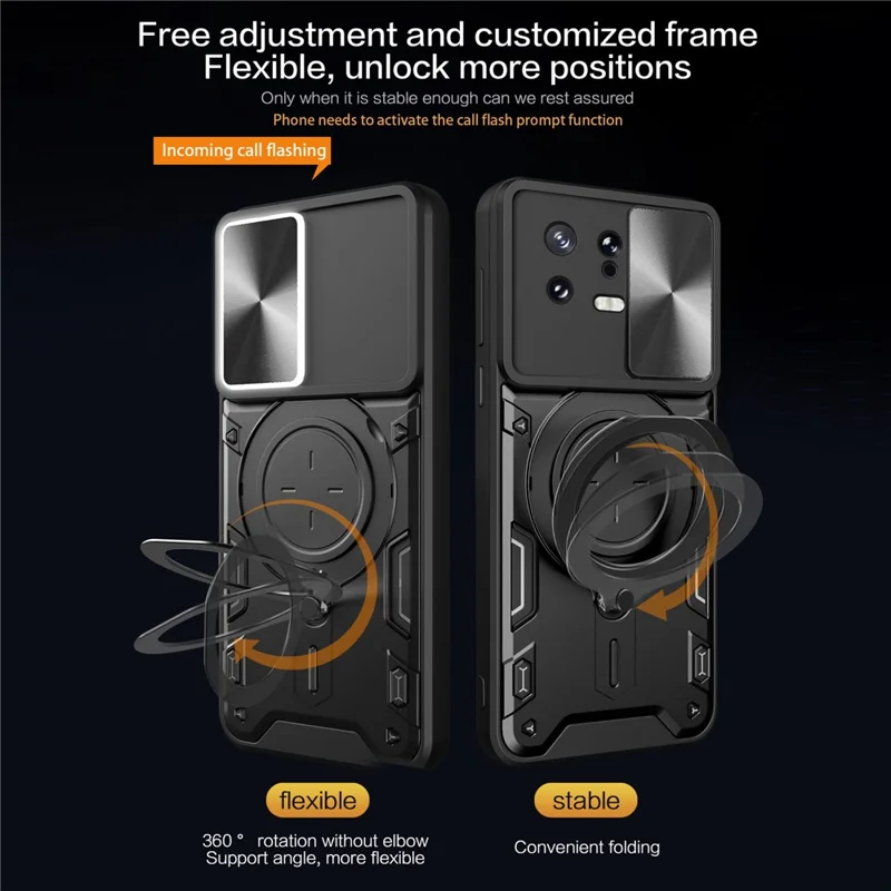 For Xiaomi 13 Drop Resistant Cover with Slide Camera Lid Ring Kickstand PC+TPU Phone Case - Blue