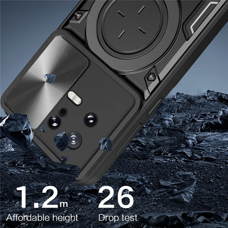 For Xiaomi 13 Drop Resistant Cover with Slide Camera Lid Ring Kickstand PC+TPU Phone Case - Blue