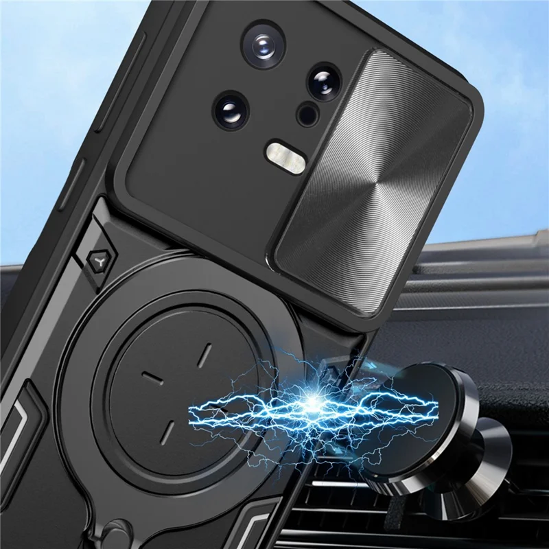 For Xiaomi 13 Drop Resistant Cover with Slide Camera Lid Ring Kickstand PC+TPU Phone Case - Blue