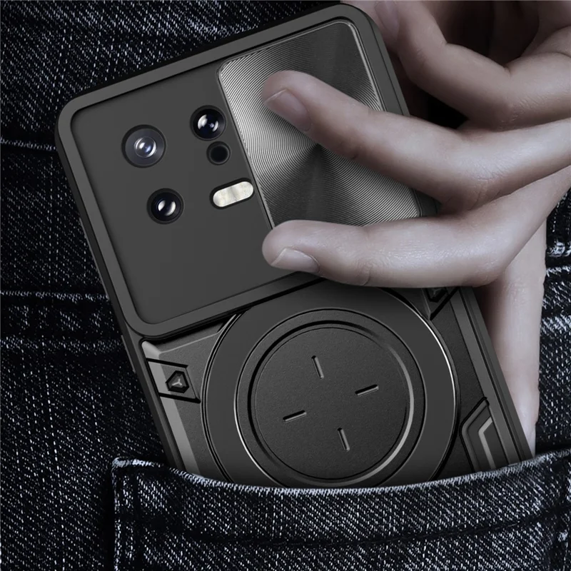 For Xiaomi 13 Drop Resistant Cover with Slide Camera Lid Ring Kickstand PC+TPU Phone Case - Blue