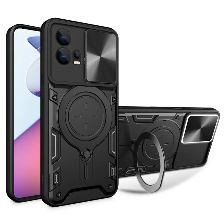 Für Motorola Edge 30 Fusion 5G / Moto S30 Pro 5G Handyhülle Schiebe-Kamera-Deckel PC+TPU-Hülle mit Ring-Ständer - Schwarz