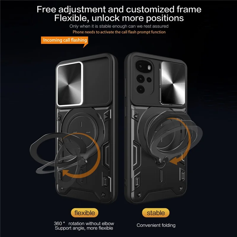 For Motorola Moto G22 / E32 4G PC+TPU Cover with Slide Camera Lid Ring Kickstand Phone Back Protector Case - Black
