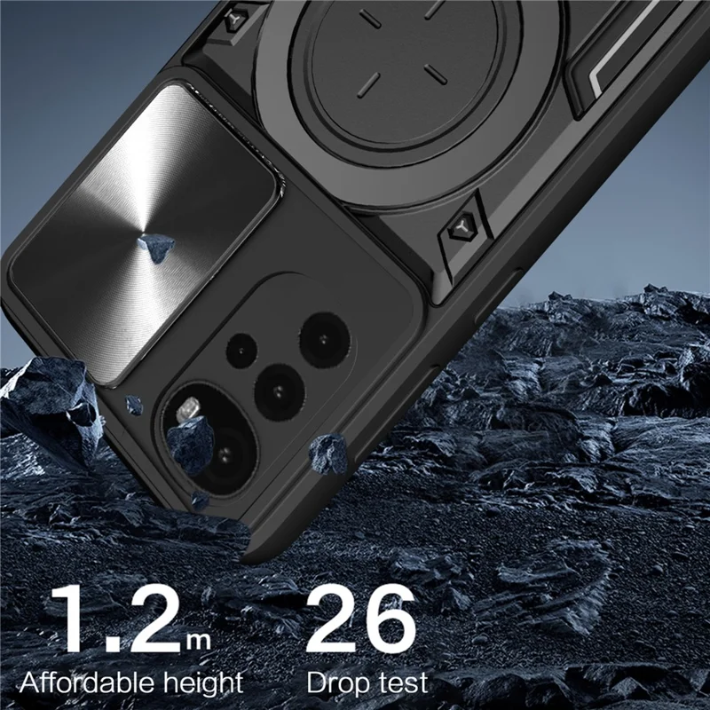 For Motorola Moto G22 / E32 4G PC+TPU Cover with Slide Camera Lid Ring Kickstand Phone Back Protector Case - Black