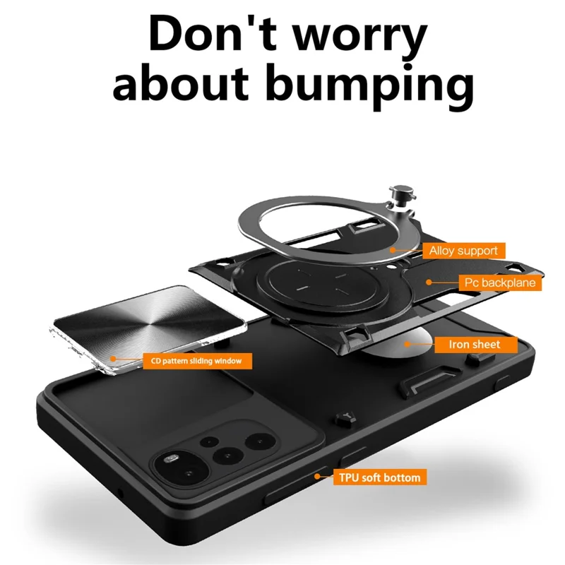 For Motorola Moto G22 / E32 4G PC+TPU Cover with Slide Camera Lid Ring Kickstand Phone Back Protector Case - Black