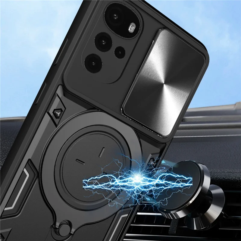 For Motorola Moto G22 / E32 4G PC+TPU Cover with Slide Camera Lid Ring Kickstand Phone Back Protector Case - Black