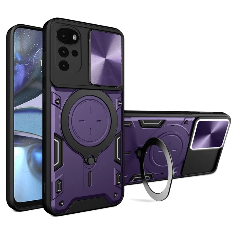 For Motorola Moto G22 / E32 4G PC+TPU Cover with Slide Camera Lid Ring Kickstand Phone Back Protector Case - Purple