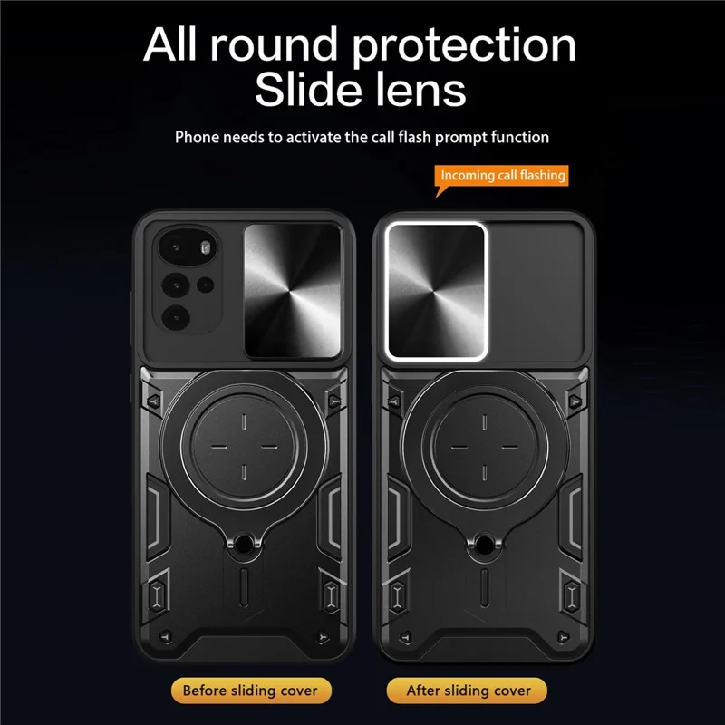 For Motorola Moto G22 / E32 4G PC+TPU Cover with Slide Camera Lid Ring Kickstand Phone Back Protector Case - Purple