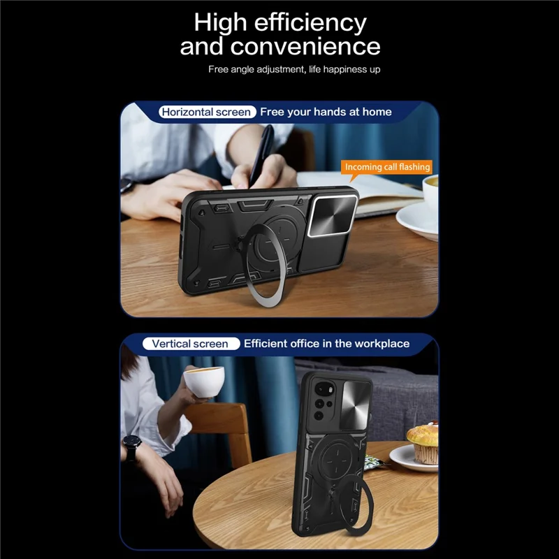 For Motorola Moto G22 / E32 4G PC+TPU Cover with Slide Camera Lid Ring Kickstand Phone Back Protector Case - Purple