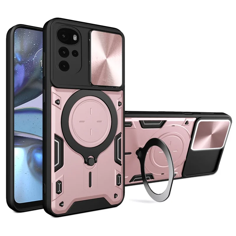 For Motorola Moto G22 / E32 4G PC+TPU Cover with Slide Camera Lid Ring Kickstand Phone Back Protector Case - Pink