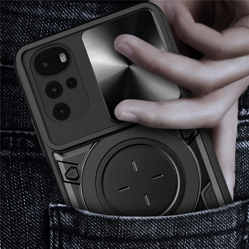 For Motorola Moto G22 / E32 4G PC+TPU Cover with Slide Camera Lid Ring Kickstand Phone Back Protector Case - Pink