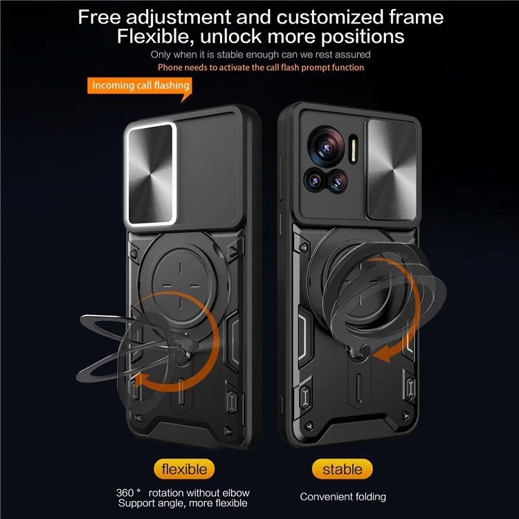 PC+TPU-Abdeckung für Motorola Edge 30 Ultra 5G / Moto X30 Pro 5G Slide Camera Lid Ring Kickstand Phone Back Protector Case - Schwarz
