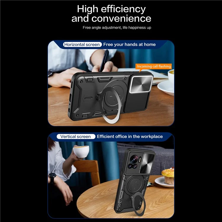 PC+TPU-Abdeckung für Motorola Edge 30 Ultra 5G / Moto X30 Pro 5G Slide Camera Lid Ring Kickstand Phone Back Protector Case - Schwarz