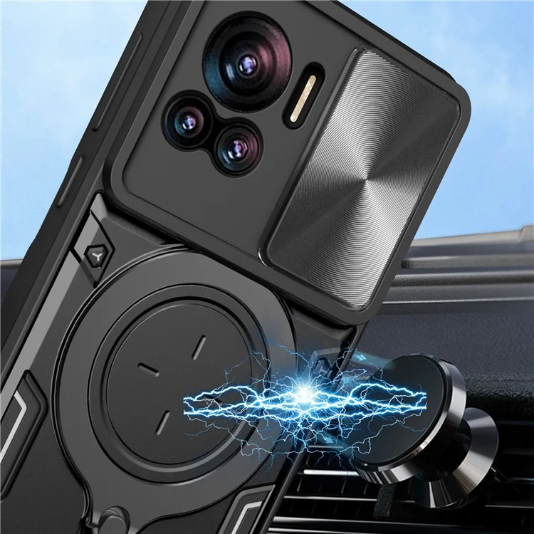 PC+TPU-Abdeckung für Motorola Edge 30 Ultra 5G / Moto X30 Pro 5G Slide Camera Lid Ring Kickstand Phone Back Protector Case - Schwarz
