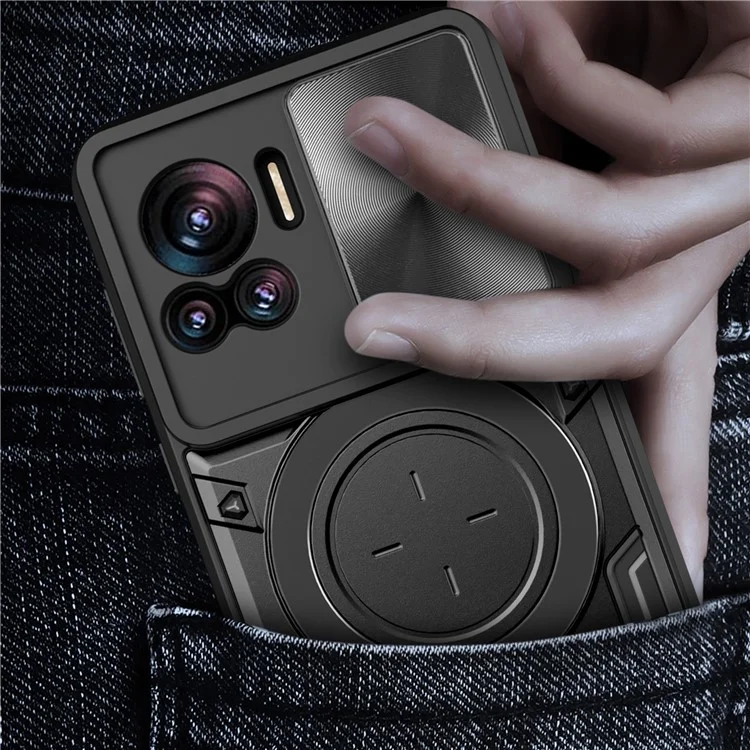 PC+TPU-Abdeckung für Motorola Edge 30 Ultra 5G / Moto X30 Pro 5G Slide Camera Lid Ring Kickstand Phone Back Protector Case - Schwarz