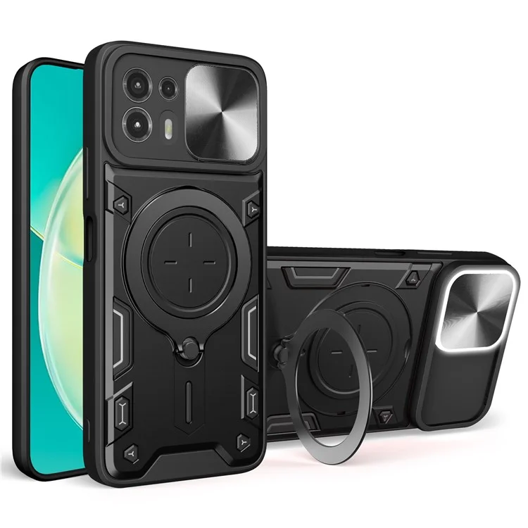 Carcasa trasera para Motorola Edge 20 Lite Cubierta deslizante de la cámara Caja del teléfono PC+TPU con soporte de anillo - Negro