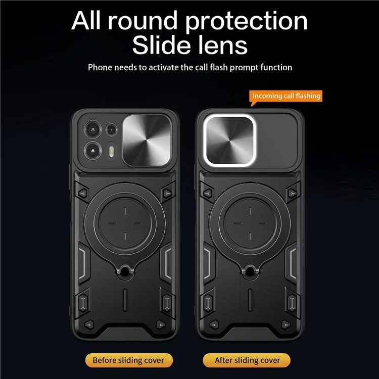 Carcasa trasera para Motorola Edge 20 Lite Cubierta deslizante de la cámara Caja del teléfono PC+TPU con soporte de anillo - Negro