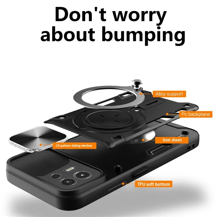 Carcasa trasera para Motorola Edge 20 Lite Cubierta deslizante de la cámara Caja del teléfono PC+TPU con soporte de anillo - Negro