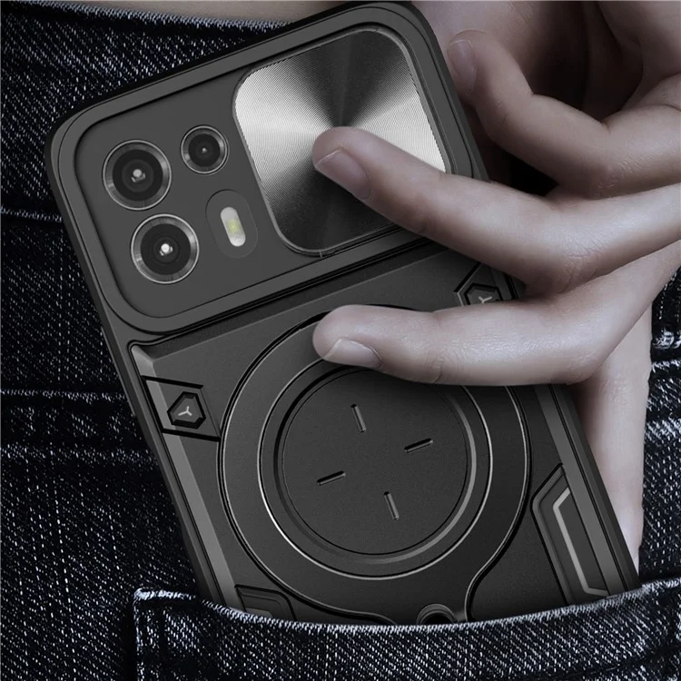 Carcasa trasera para Motorola Edge 20 Lite Cubierta deslizante de la cámara Caja del teléfono PC+TPU con soporte de anillo - Negro