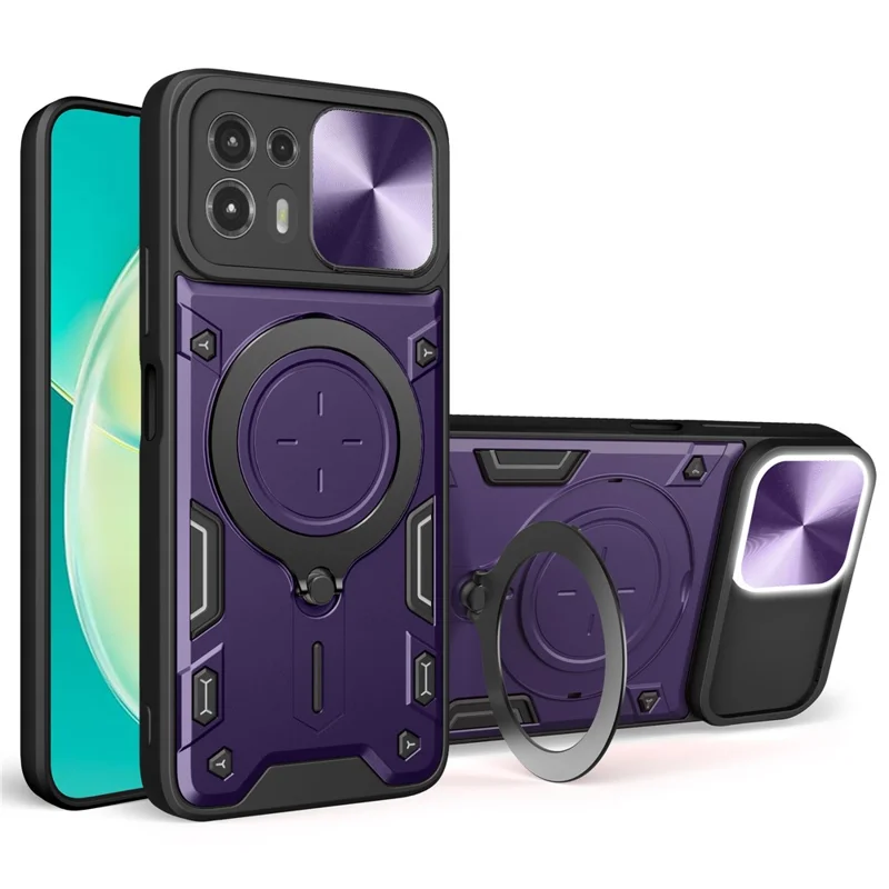 Back Cover for Motorola Edge 20 Lite Slide Camera Lid PC+TPU Phone Case with Ring Kickstand - Purple