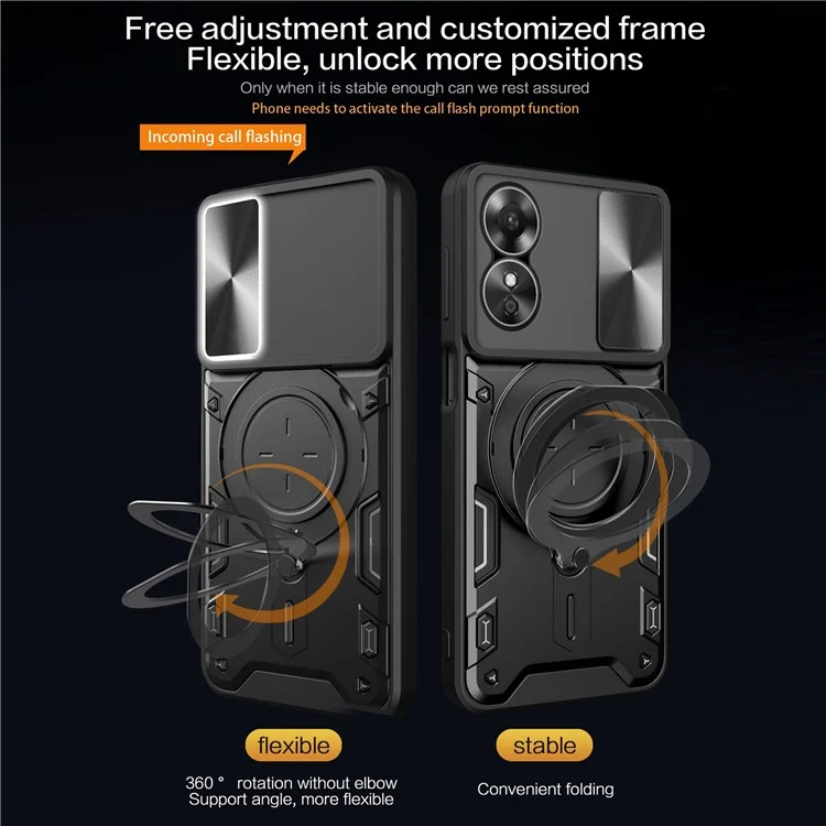 Sturzsicheres Hülle für Oppo A17 4G / A17k 4G Slide Camera Lid PC+TPU Handyhülle mit Ring Ständer - Schwarz