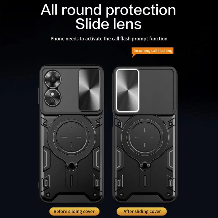 Sturzsicheres Hülle für Oppo A17 4G / A17k 4G Slide Camera Lid PC+TPU Handyhülle mit Ring Ständer - Schwarz