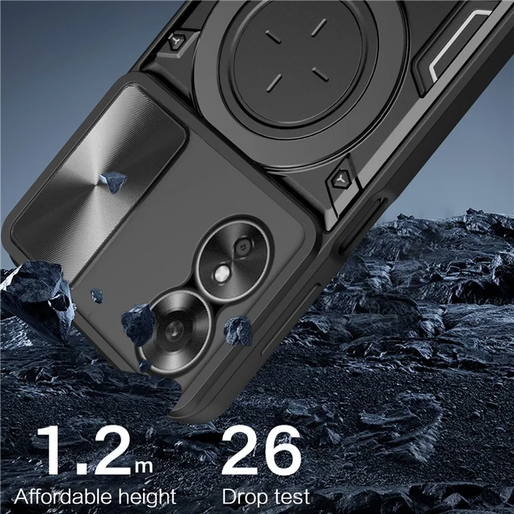 Sturzsicheres Hülle für Oppo A17 4G / A17k 4G Slide Camera Lid PC+TPU Handyhülle mit Ring Ständer - Schwarz