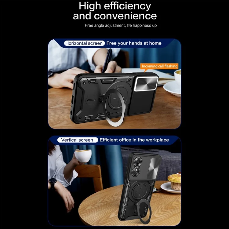 Sturzsicheres Hülle für Oppo A17 4G / A17k 4G Slide Camera Lid PC+TPU Handyhülle mit Ring Ständer - Schwarz