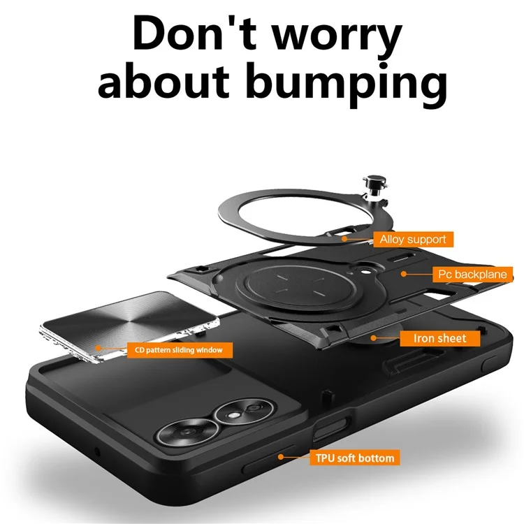 Sturzsicheres Hülle für Oppo A17 4G / A17k 4G Slide Camera Lid PC+TPU Handyhülle mit Ring Ständer - Schwarz
