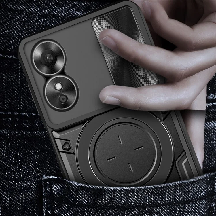 Sturzsicheres Hülle für Oppo A17 4G / A17k 4G Slide Camera Lid PC+TPU Handyhülle mit Ring Ständer - Schwarz