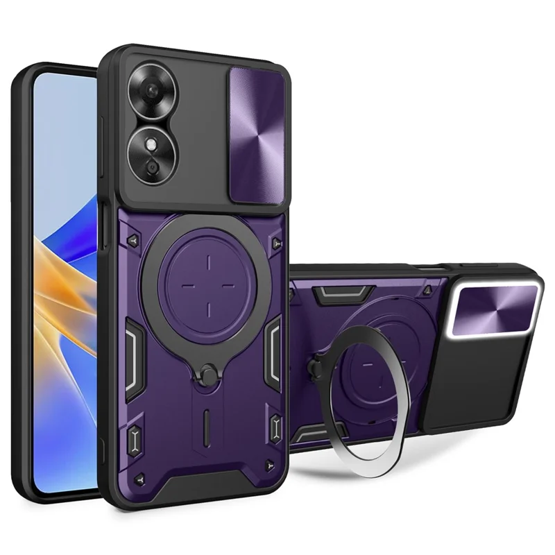 Drop-proof Cover for Oppo A17 4G / A17k 4G Slide Camera Lid PC+TPU Phone Case with Ring Kickstand - Purple