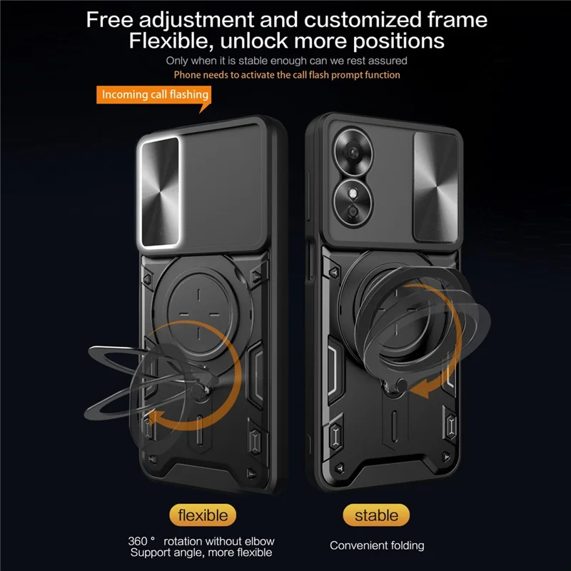 Drop-proof Cover for Oppo A17 4G / A17k 4G Slide Camera Lid PC+TPU Phone Case with Ring Kickstand - Purple