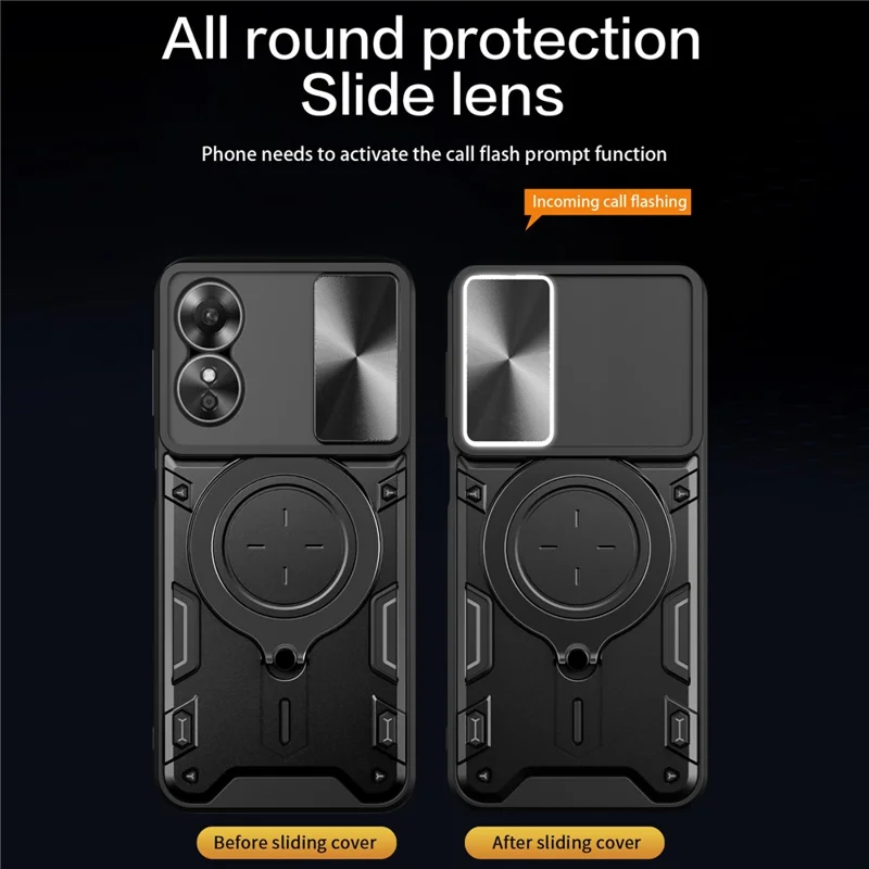 Drop-proof Cover for Oppo A17 4G / A17k 4G Slide Camera Lid PC+TPU Phone Case with Ring Kickstand - Purple