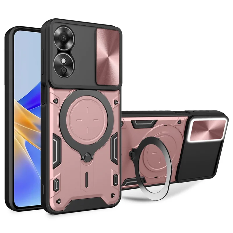 Drop-proof Cover for Oppo A17 4G / A17k 4G Slide Camera Lid PC+TPU Phone Case with Ring Kickstand - Pink