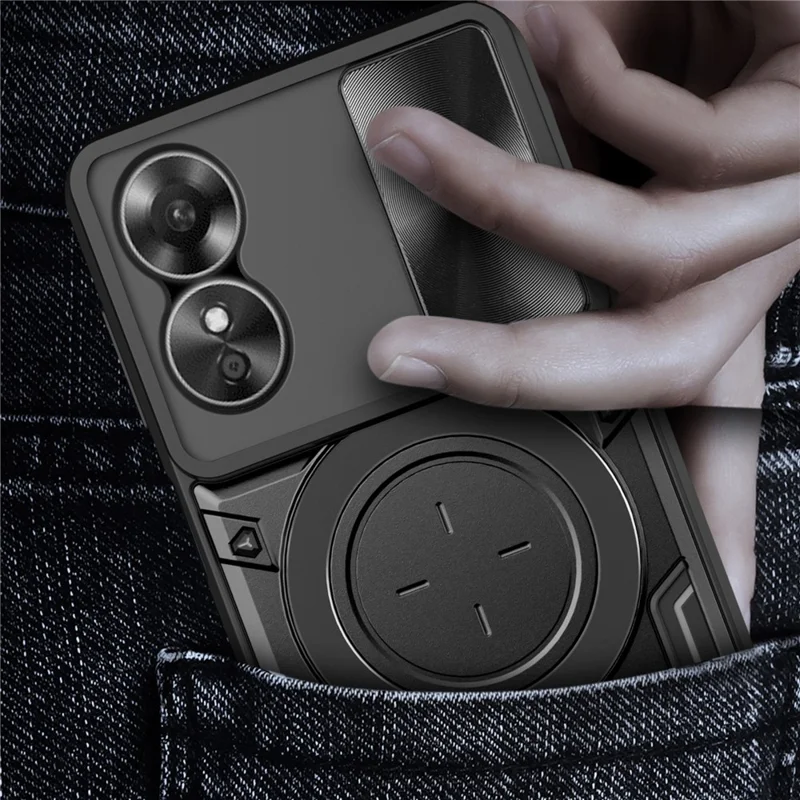 Drop-proof Cover for Oppo A17 4G / A17k 4G Slide Camera Lid PC+TPU Phone Case with Ring Kickstand - Pink