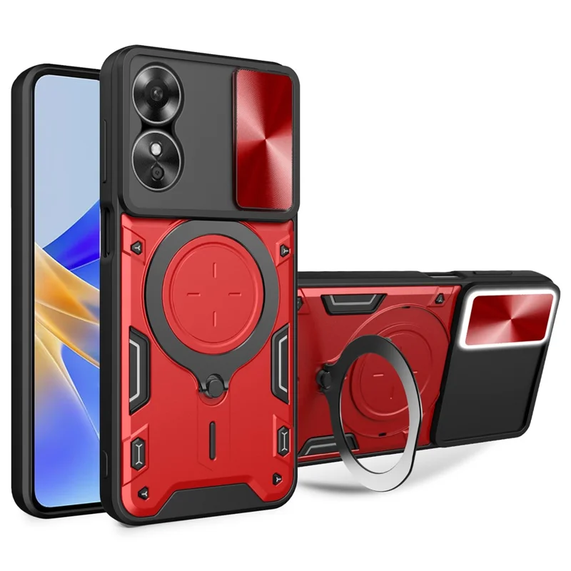 Drop-proof Cover for Oppo A17 4G / A17k 4G Slide Camera Lid PC+TPU Phone Case with Ring Kickstand - Red