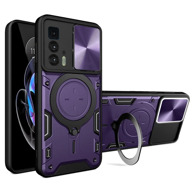For Motorola Edge 20 Pro Slide Camera Lid PC+TPU Phone Case with Ring Kickstand Shock-absorbing Cover - Purple