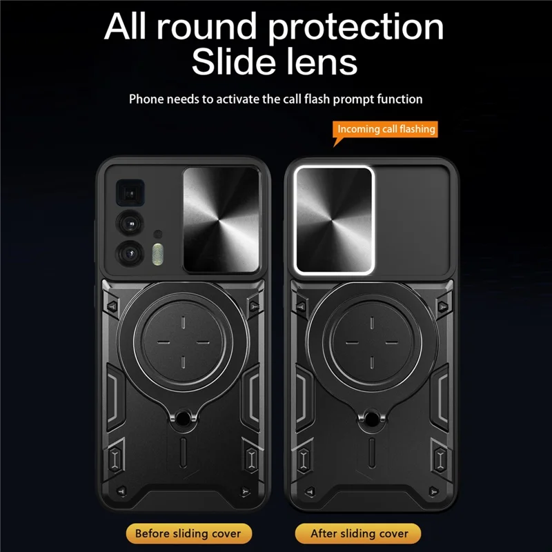 For Motorola Edge 20 Pro Slide Camera Lid PC+TPU Phone Case with Ring Kickstand Shock-absorbing Cover - Purple