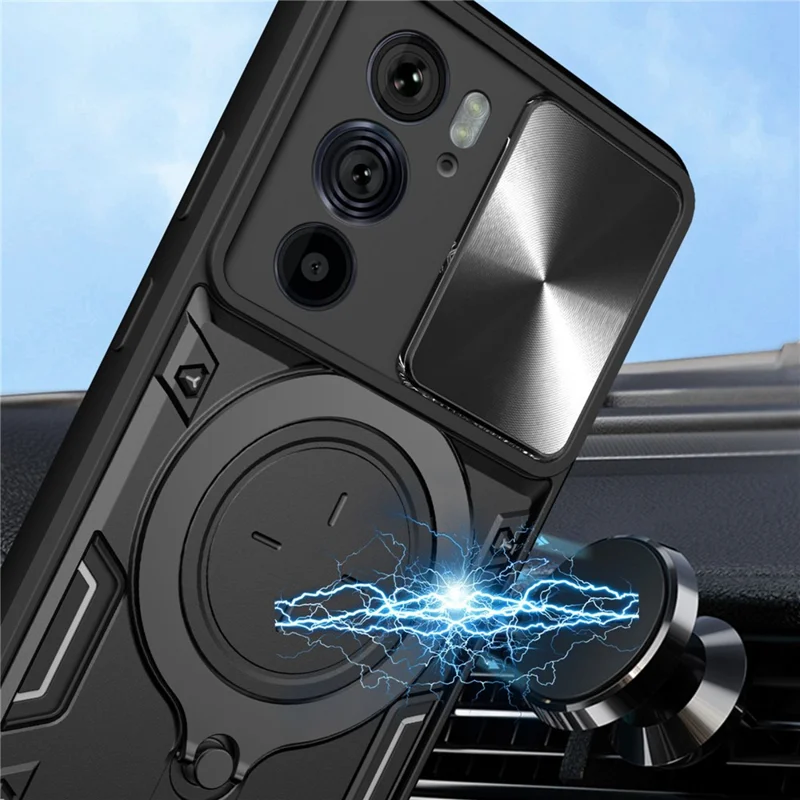 For Motorola Edge 30 Pro (Motorola Edge+ (2022)) Slide Camera Lid Ring Kickstand PC+TPU Phone Case - Silver