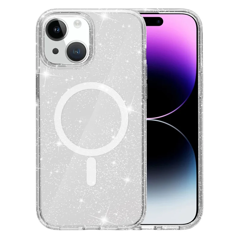 Glitter Magnetic Case for iPhone 15 Compatible with MagSafe, Hard PC + Soft TPU Phone Cover - White