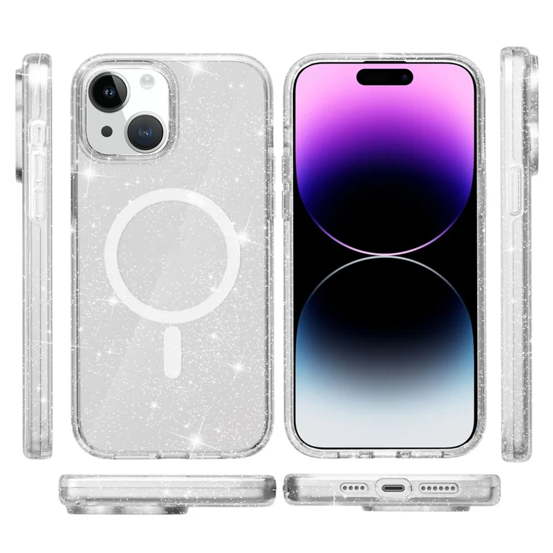 Glitter Magnetic Case for iPhone 15 Compatible with MagSafe, Hard PC + Soft TPU Phone Cover - White