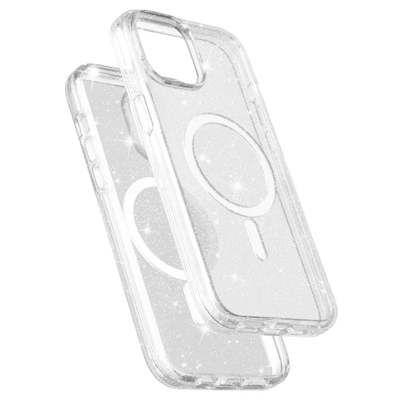 Glitter Back Protector Case for iPhone 15 Plus , Hard PC + Soft TPU Compatible with MagSafe Phone Cover - White