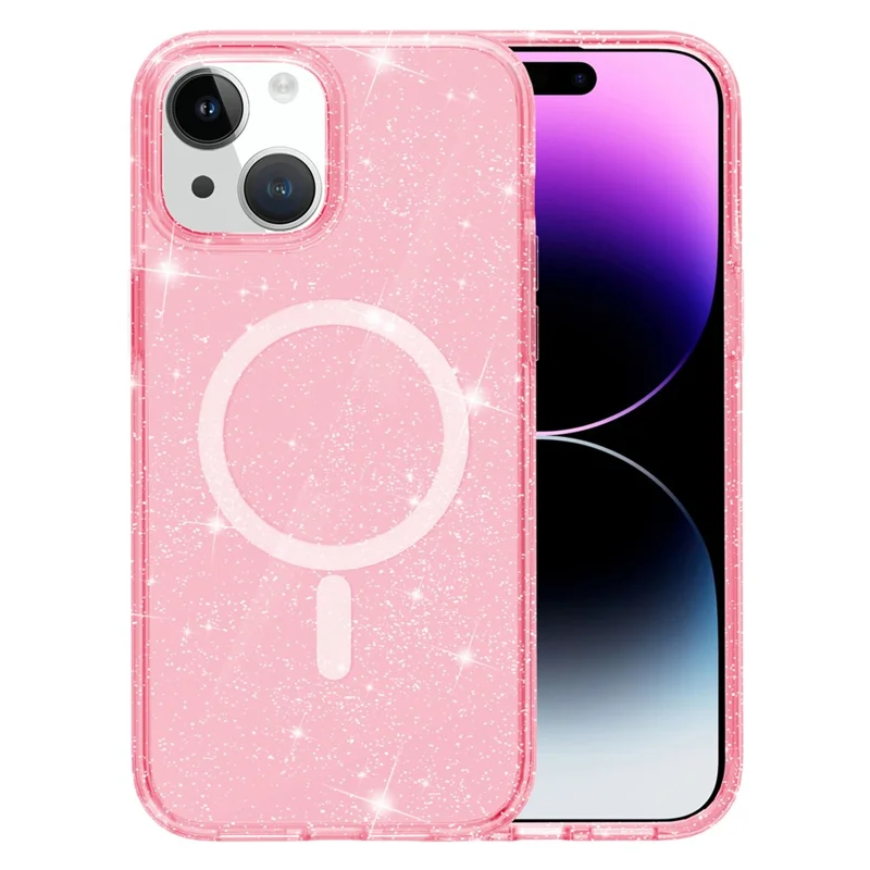 Glitter Back Protector Case for iPhone 15 Plus , Hard PC + Soft TPU Compatible with MagSafe Phone Cover - Pink