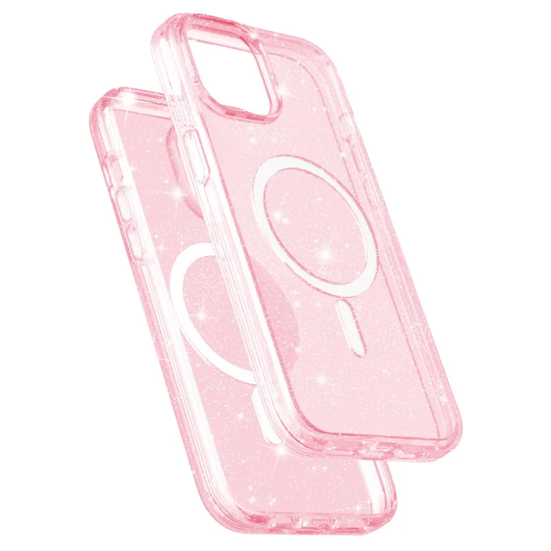 Glitter Back Protector Case for iPhone 15 Plus , Hard PC + Soft TPU Compatible with MagSafe Phone Cover - Pink