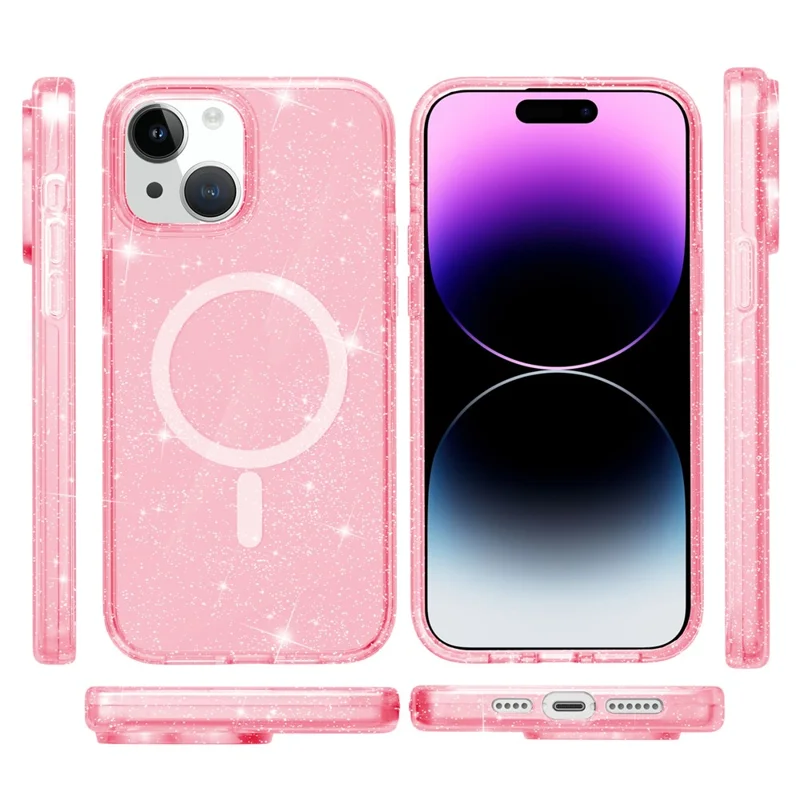 Glitter Back Protector Case for iPhone 15 Plus , Hard PC + Soft TPU Compatible with MagSafe Phone Cover - Pink