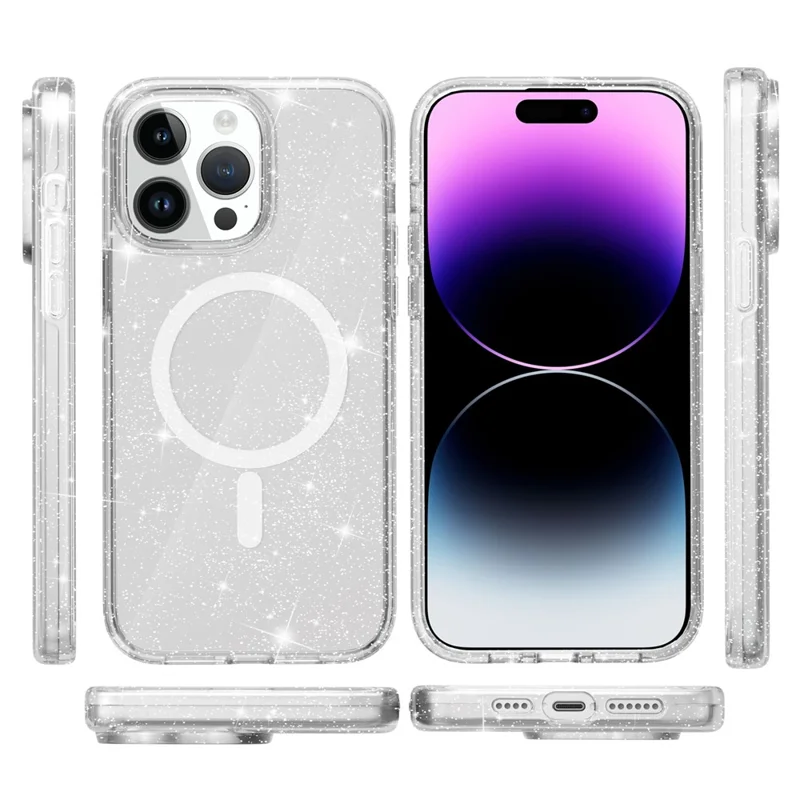 Funda brillante para iPhone 15 Pro, PC duro + TPU blando compatible con MagSafe, funda de teléfono antichoque - Blanco