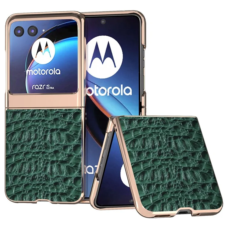 Para Motorola Razr 40 Ultra 5G Genuine Cow Leather Coated PC Case Nano Electroplating Canopy Texture Phone Cover - Verde