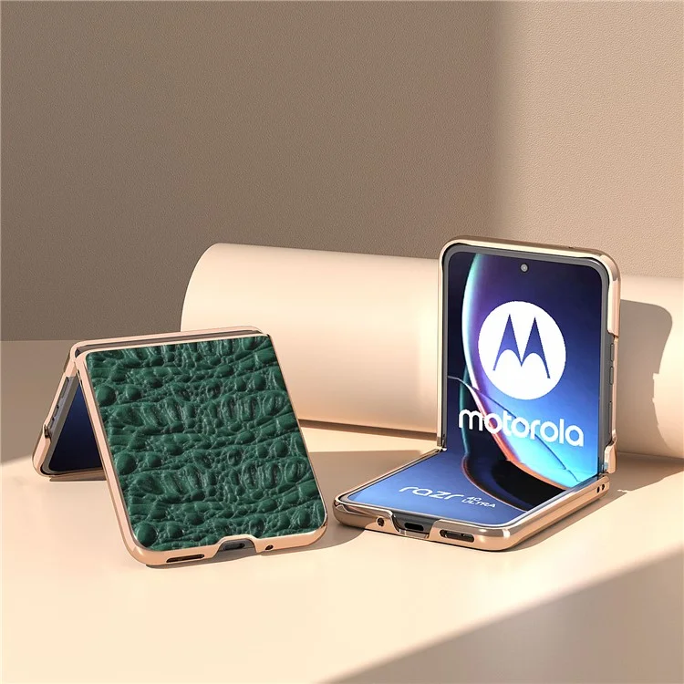 Para Motorola Razr 40 Ultra 5G Genuine Cow Leather Coated PC Case Nano Electroplating Canopy Texture Phone Cover - Verde