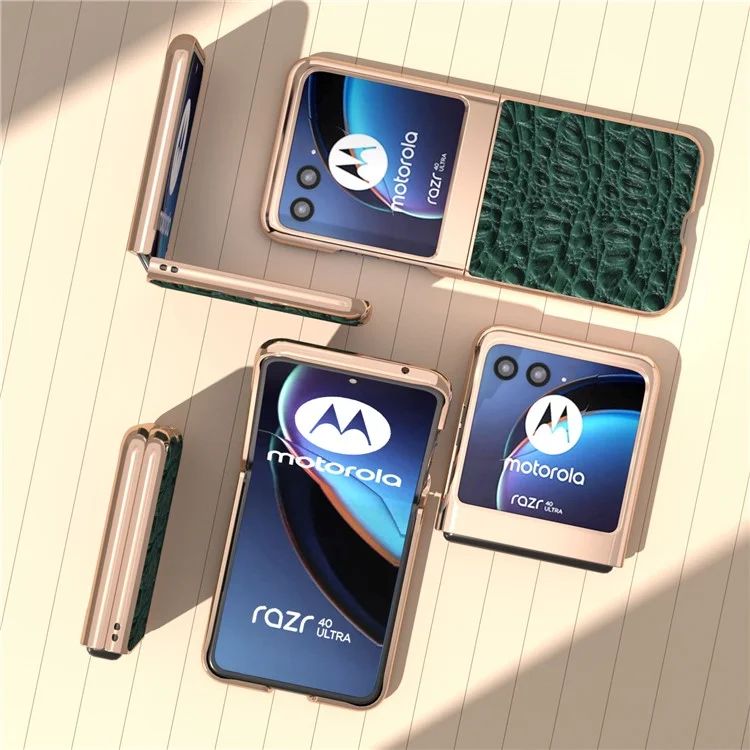 Para Motorola Razr 40 Ultra 5G Genuine Cow Leather Coated PC Case Nano Electroplating Canopy Texture Phone Cover - Verde