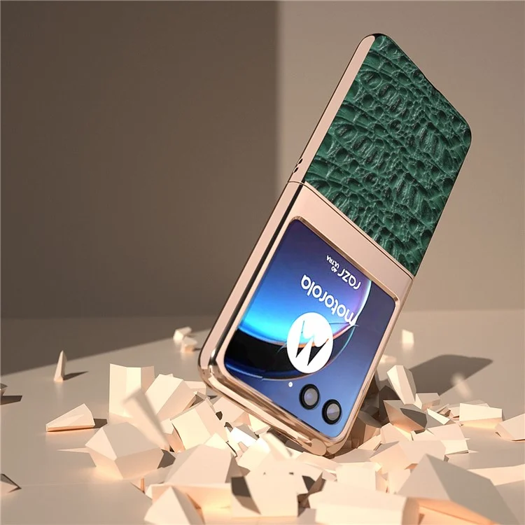 Para Motorola Razr 40 Ultra 5G Genuine Cow Leather Coated PC Case Nano Electroplating Canopy Texture Phone Cover - Verde